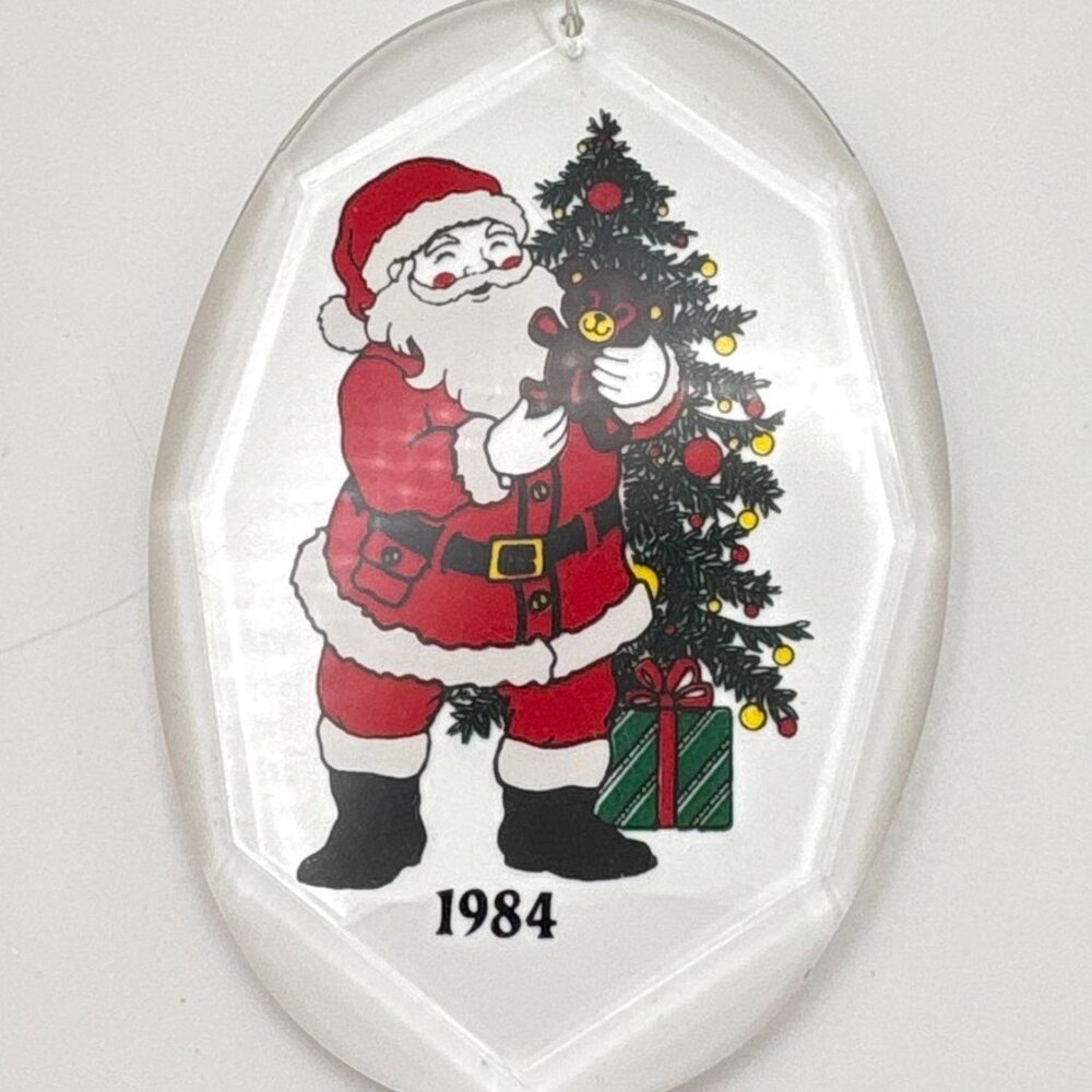 Vintage Santa Claus Christmas Tree Ornament 1984 Teddy Bear Clear Acrylic